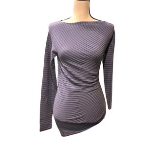 EMPORIO ARMANI ASYMMETRICAL HEM BOAT NECK PURPLE & OLIVE RIBBED SWEATER